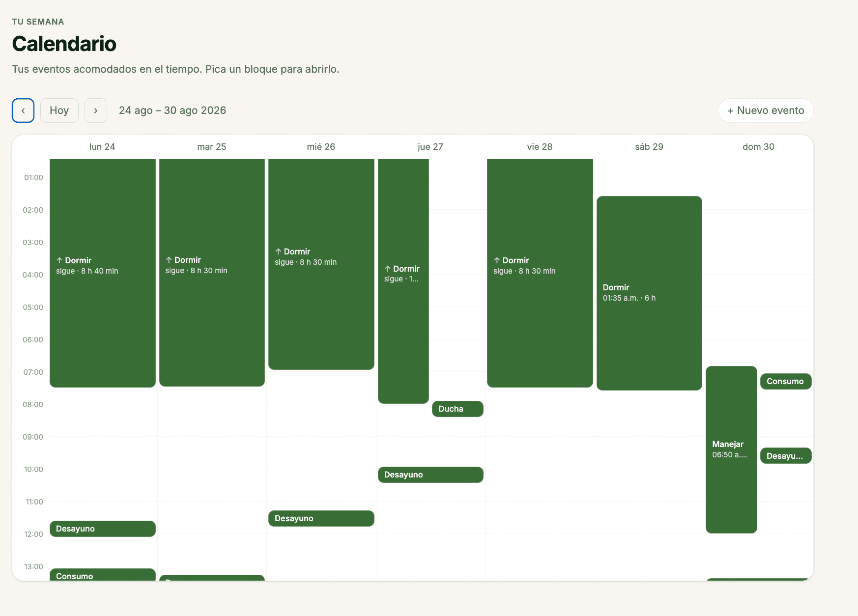 La pantalla Calendario: una semana por hora, con los bloques de dormir dibujados completos aunque crucen la medianoche