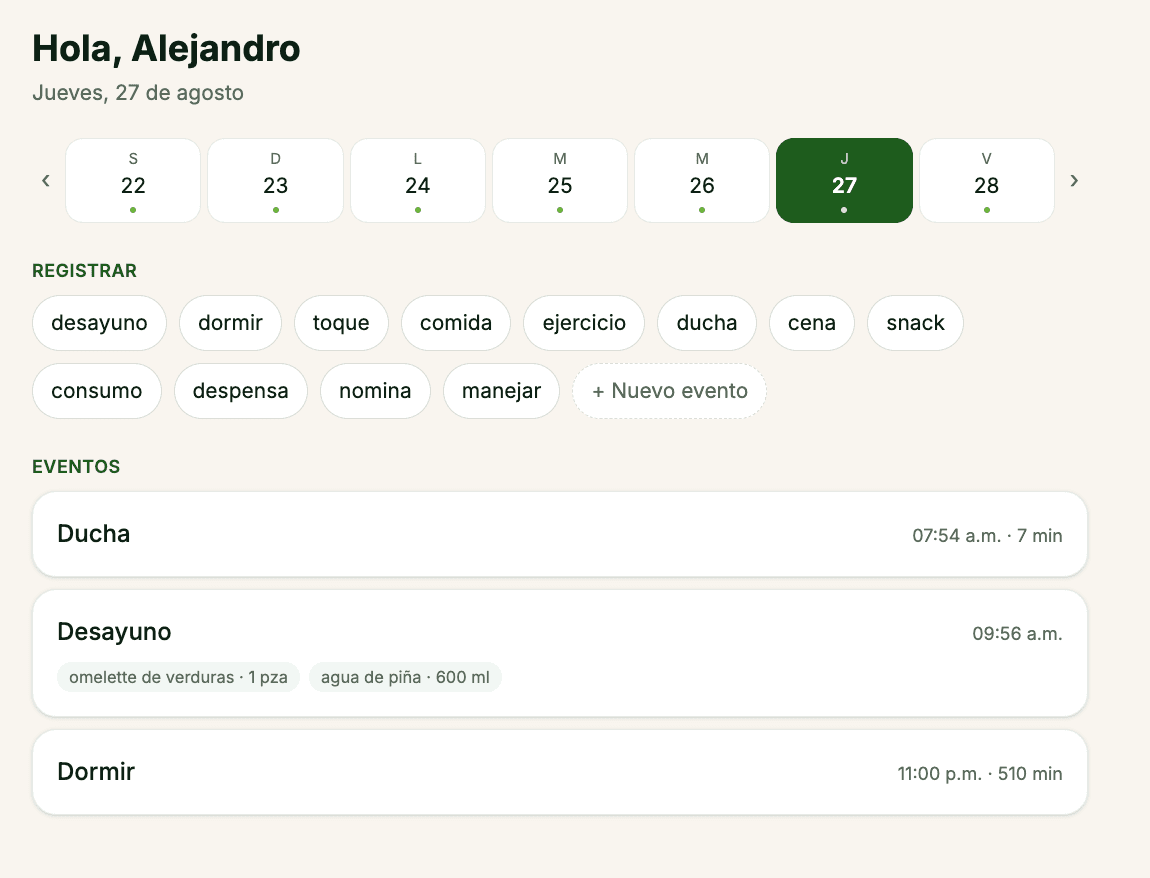 La pantalla Hoy: la tira de siete días, los atajos para registrar, y tres eventos del día con sus ítems